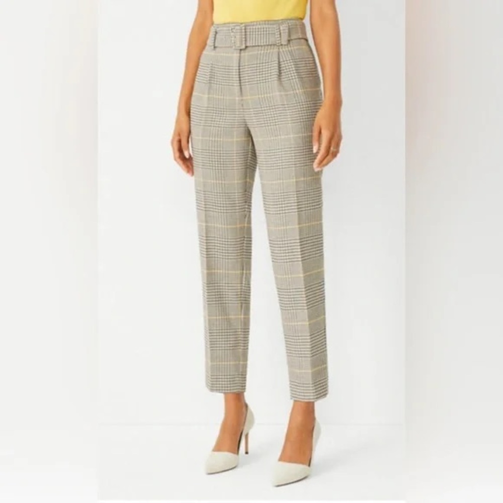 NWT Ann Taylor High-Waist Plaid Belted Tapered Pants - Beige/Black